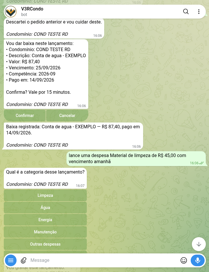 Bot confirmando que a baixa foi registrada