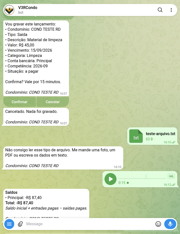Bot confirmando que o pedido foi cancelado e que nada foi gravado