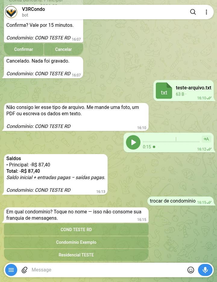 Bot perguntando em qual condomínio trabalhar, com um botão para cada condomínio que você administra