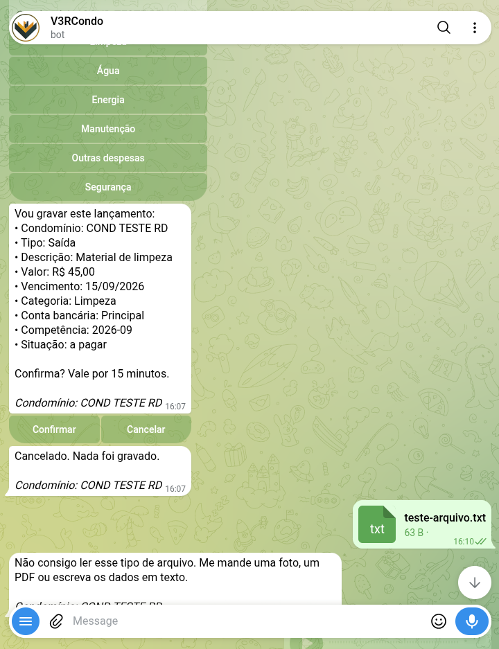 Confirmação de lançamento com todos os campos preenchidos, antes de tocar em Cancelar
