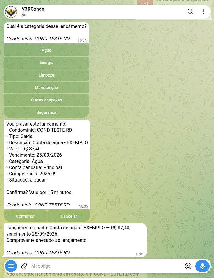 Confirmação do lançamento com todos os campos preenchidos a partir do PDF — condomínio, valor, vencimento e categoria escolhida