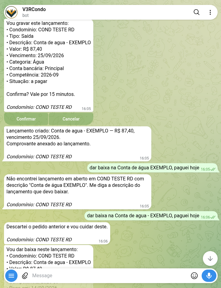 Bot confirmando que o lançamento foi criado e que o comprovante foi anexado a ele