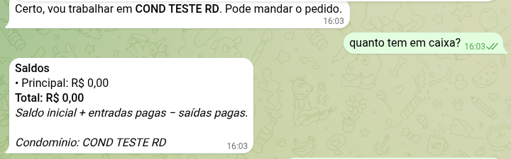 Resposta do bot a "quanto tem em caixa?", mostrando o saldo de cada conta e o total