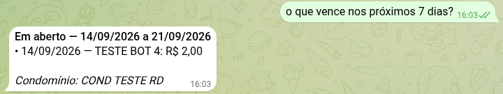 Resposta do bot a "o que vence nos próximos 7 dias?", listando os lançamentos em aberto no período